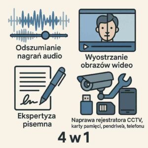 Co różni nas od innych firm? Nie tylko wydamy ekspertyzę dla Sądu Prokuratury Policji Poprawimy nagranie audio Wyostrzymy Nagranie Wideo Wszystko masz w jednej firmie a nie w trzech czterech Nie marnujesz jazd czasu i pieniędzy.